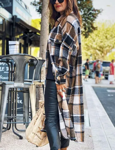 Miniatura 6 de Omoone - Chaqueta de manga larga con botones para mujer diseño a cuadros de ajuste holgado
