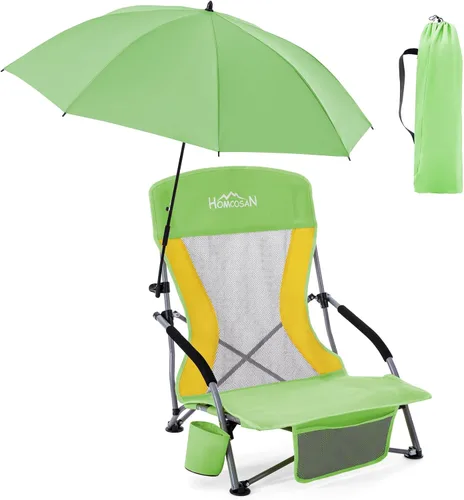Miniatura 11 de Homcosan Silla de playa portátil baja plegable con paraguas desmontable, silla de campamento ligera para adultos con portavasos y bolsillo