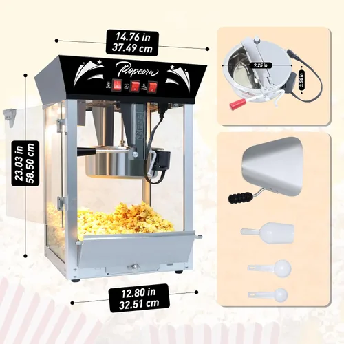 Miniatura 3 de Máquina comercial de palomitas de maíz de 12 onzas, máquina de palomitas de maíz de acero inoxidable con vidrio templado y plataforma de Negro