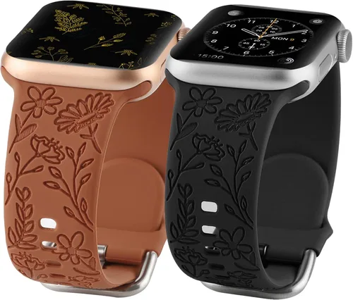Paquete de 2 correas deportivas grabadas con flores compatibles con correas de Apple Watch de 1.496 pulgadas, 1.575 pulgadas, 1.614 pulgadas,