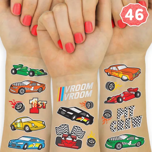 xo, Fetti Suministros de fiesta de autos de carreras, tatuajes temporales - 46 estilos de aluminio | Cumpleaños de carreras de autos de carreras,