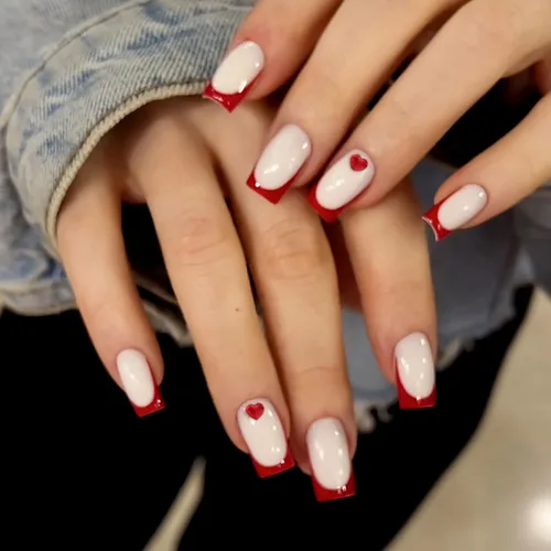 Miniatura 25 de Uñas postizas a presión para San Valentín, uñas postizas cortas cuadradas MABKJLF nude con diseños de labios, cobertura completa, pegamento