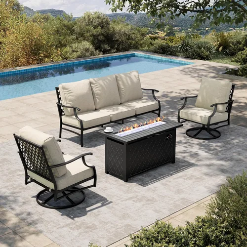 HERA'S HOUSE Juego de muebles de patio de 4 piezas con mesa para fogata, 2 sillas acolchadas giratorias, sofás de 3 asientos con mesa para fogatas