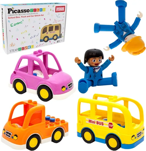 PicassoTiles Juego de figuras magnéticas de 5 piezas para vehículos y figuras de acción, incluyendo autobús escolar, automóvil, camión y 2