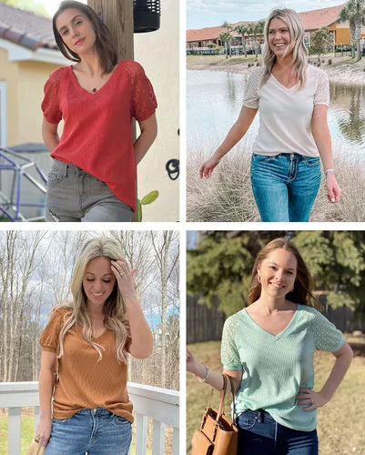 Miniatura 4 de MEROKEETY - Blusa de manga corta con cuello en V y encaje de verano para mujer