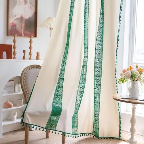 Miniatura 28 de Deeprove Cortinas bohemias para dormitorio, rayas huecas de ganchillo crema y estampado floral, tela de lino de algodón, con borlas beige bohemias