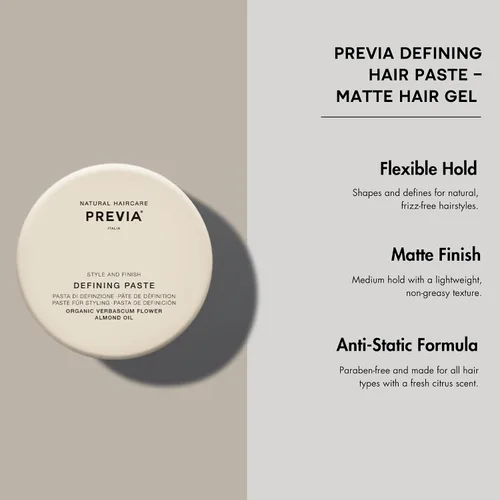 Miniatura 2 de PREVIA Defining Hair Paste - Gel para el cabello mate con fijación media para todo tipo de cabello, producto antiestático y flexible para peinar