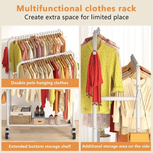 Miniatura 4 de Laiensia - Perchero de doble varilla con ruedas, estante para colgar ropa, con 4 ganchos, estante multifuncional para ropa de dormitorio