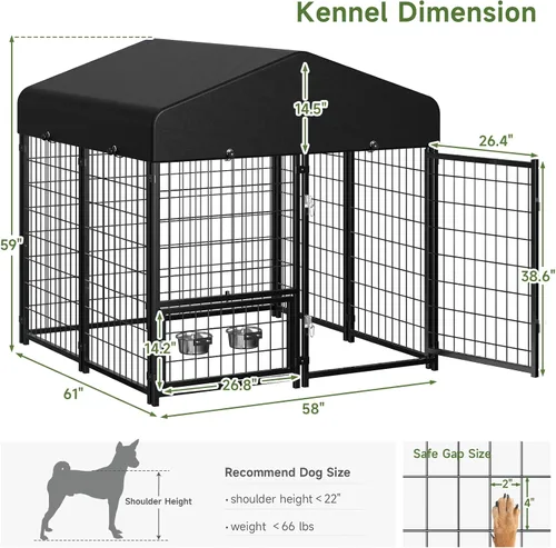 Miniatura 5 de Perrera para Perros al Aire Libre, Perrera para Perros con Techo y Comederos Giratorios/Puerta para Perros Desmontable Permite Conectar Su Casa