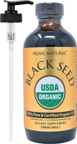 PRIME NATURAL Aceite orgánico de semillas negras de 8 onzas | Prensado en frío sin refinar alta timoquinona 1.7% certificado por USDA | Origen turco