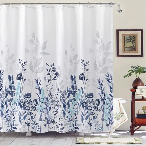 Miniatura 5 de Neasow Cortina de ducha azul y gris, cortina de baño floral de acuarela verde azulado y blanco, 72 x 72 pulgadas
