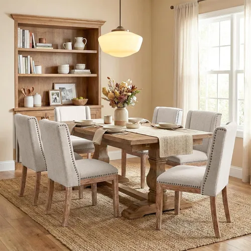 Miniatura 12 de MALOL Juego de 2 sillas de comedor, sillas laterales de cocina tapizadas de tela con patas de madera para uso en cocina y restaurante, color beige
