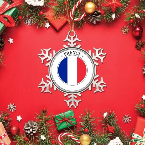 Miniatura 5 de Adorno de copo de nieve de metal navideño Bandera de Francia colgante de copo de nieve de peltre personalizado recuerdo decorativo para Navidad Año
