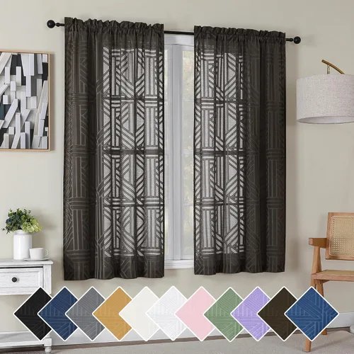 Miniatura 88 de Simplebrand Cortinas traslúcidas negras de cocina de 24 pulgadas de largo, 2 paneles, filtrado de luz, geométrico jacquard con textura, cortinas