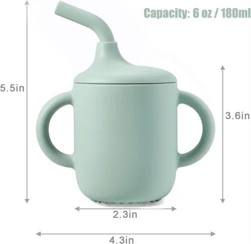Miniatura 4 de PandaEar Paquete de 2 vasos de entrenamiento de silicona 100% diminutos con asas y popote para bebés y niños pequeños (rosa verde)