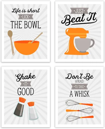 Juego de 4 impresiones artísticas retro vintage para cocina, color naranja y gris, juego de 4-8 x 10 pulgadas, sin marco, gris, naranja y blanco,