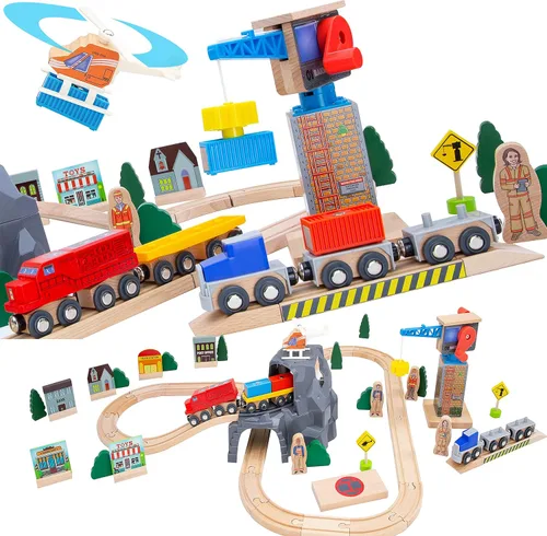 Juego de tren de madera para niños, grúa magnética para levantar y cargar helicóptero, contenedores de envío de semirremolques, motor diésel, juego