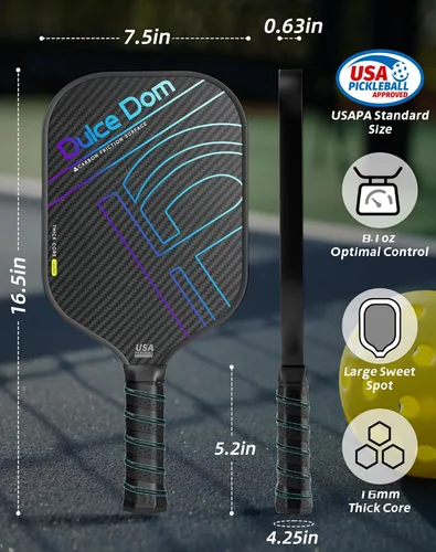 Miniatura 6 de Dulce DOM Juego de 2/4 palas de pickleball aprobadas por USAPA, 4 bolas de pickleball para interiores y exteriores, raqueta de superficie de fibra