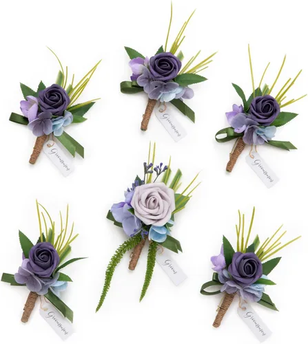 Miniatura 24 de Ling's Moment Boutonniere para Hombres Boda, Juego de 6, Novio y Padrinos Boutonniere para Boda Regreso a Casa Halloween Ceremonia Aniversario, Cena