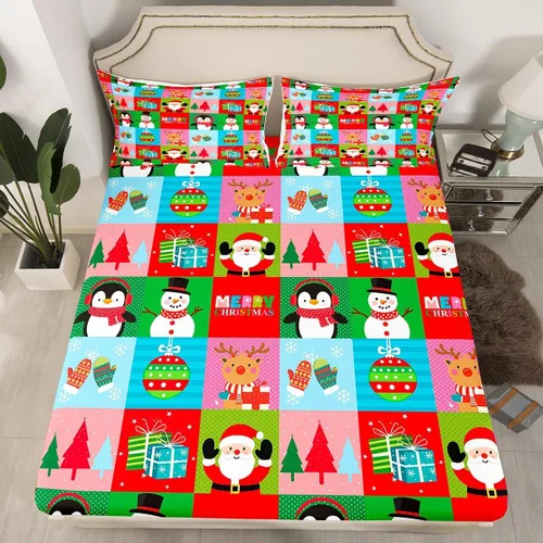 Miniatura 21 de Juego de sábanas con diseño de Papá Noel y muñeco de nieve para niños, niñas y niños, de temática navideña, juego de cama con diseño de árbol