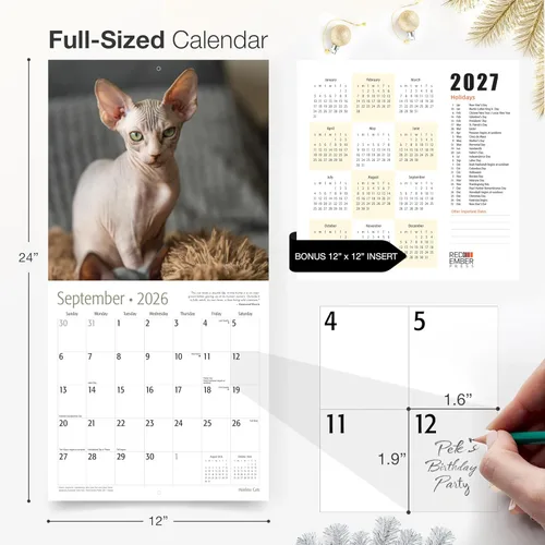 Miniatura 5 de RED EMBER Hairless Cats - Calendario de pared 2026 de 12 meses, 12 x 24 pulgadas, abierto, papel grueso y resistente, para regalo, calendario 2026
