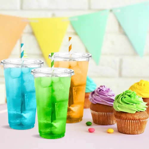 Miniatura 5 de Eupako Vasos de plástico de 24 onzas con tapas, transparentes desechables para llevar con tapas para café helado, bebidas frías, batidos, Bubble
