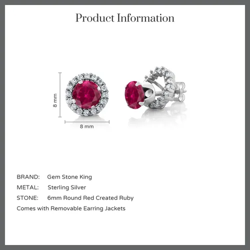 Miniatura 4 de Gem Stone King Aretes de plata de ley 925 con diseño de rubí rojo para mujer (2.00 quilates, redondo de 0.236 in), Metal Gema, Rubí sintético