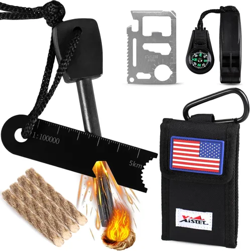 Kit de inicio de fuego 5 en 1, equipo de supervivencia, pedernal y acero con varilla de ferro, silbato de emergencia, multiherramienta para tarjetas
