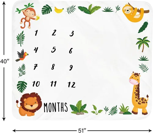 Miniatura 4 de Manta mensual de hito para bebé, diseño de animales de la selva, manta neutral para el mes del recién nacido, regalo personalizado para ducha