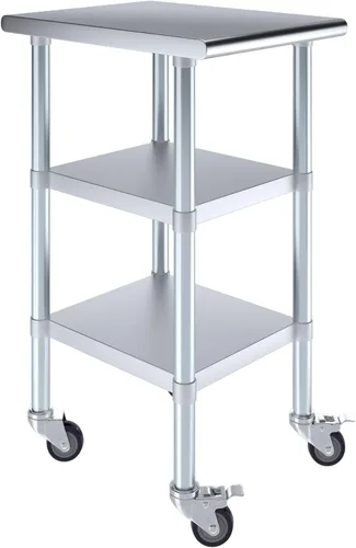 Miniatura 23 de AmGood Mesa de trabajo de acero inoxidable con 2 estantes y ruedas Mesa de trabajo de metal con ruedas