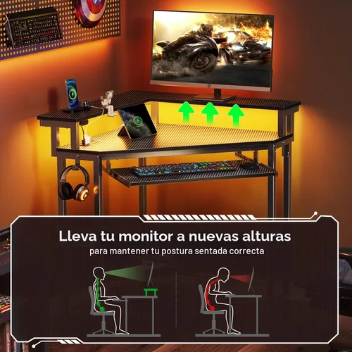 Miniatura 7 de Rolanstar Escritorio esquinero, 44.5 pulgadas de ancho x 34.5 pulgadas de alto, escritorio de computadora de fibra de carbono con tomas