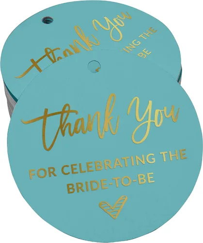 Paquete de 50 etiquetas de papel de aluminio dorado real con texto en inglés "Thank You for Celebrating The Bride to Be", etiquetas colgantes para