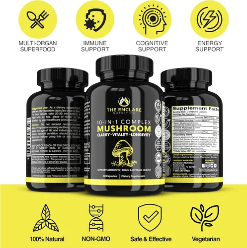 Miniatura 10 de THE ENCLARE NUTRITION Suplemento de hongos Complejo 10 en 1 Apoyo Inmunológico Melena de Leones, Reishi, Cola de Pavo, Cordyceps, Chaga, Maitake