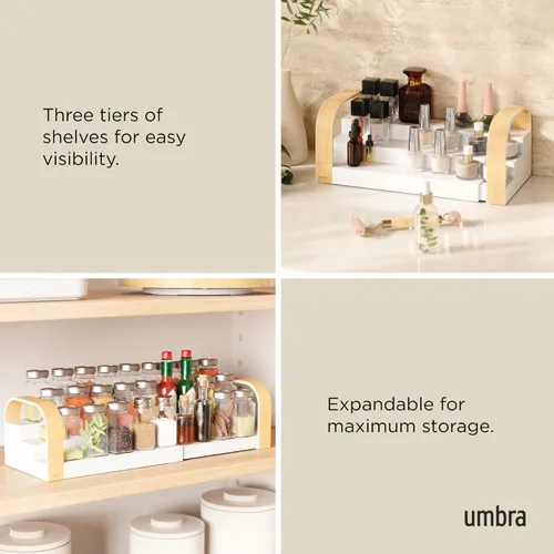 Miniatura 6 de Umbra Bellwood - Estante de tres niveles para especias, diseño expandible hecho de plástico duradero y madera, natural/blanco
