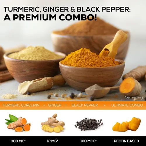 Miniatura 3 de Gomitas de suplemento de curcumina de cúrcuma – 95% de curcuminoides con cúrcuma y jengibre, pimienta negra para una mejor absorción, apoyo