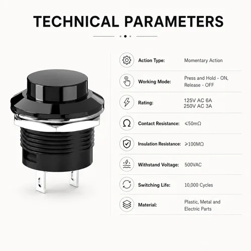 Miniatura 4 de Interruptor de botón momentáneo, mini interruptor redondo sin bloqueo, CA 250 V/3 A CA 125 V/6 A, tapa negra de apagado (10 piezas)