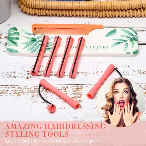 Miniatura 6 de 48 varillas de cabello ondulado frío y rizadores de plástico con peine de acero para peluquería y peinado (rosa, 0.51 pulgadas/0.5 in)
