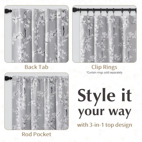 Miniatura 4 de FMFUNCTEX - Cortinas 100% blackout, 63 pulgadas de largo, estampado floral, aislamiento térmico, bolsillo para cortinero, 2 paneles, estilo granja