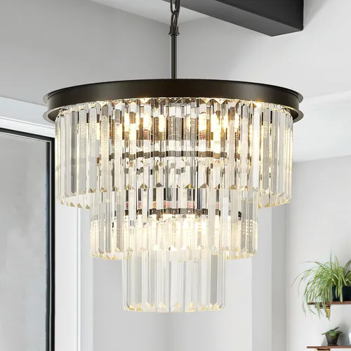 Miniatura 11 de Candelabro de cristal negro de 23 pulgadas, 8 luces, moderno colgante de cristal, lámpara de techo, 2 anillos, candelabros de lujo, para comedor, 2