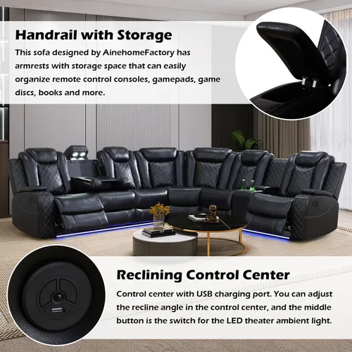 Miniatura 6 de Sofá Seccional Reclinable Eléctrico, Sofá Modular Seccional Reclinable de Cuero Negro, Sofá de Cuero en Forma de L con Luces LED/Cargador