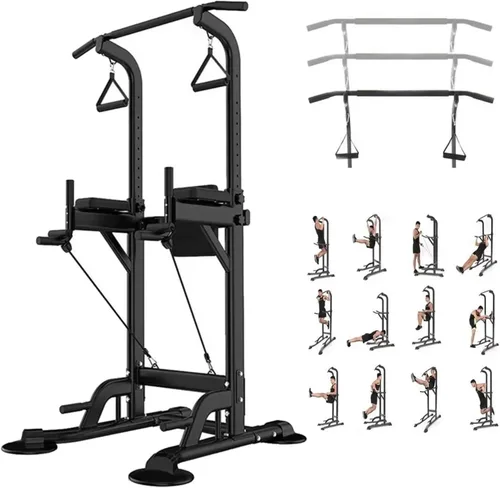 Estación de inmersión de torre de fitness, estación de barra de dominadas y equipo de gimnasio multifunción para entrenamiento de fuerza en el