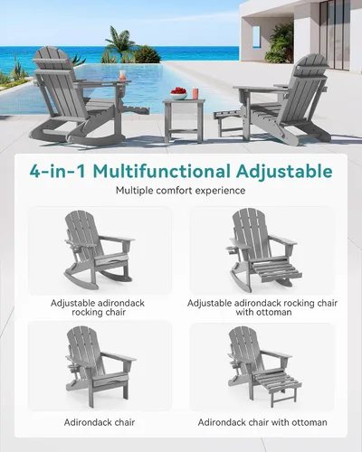 Miniatura 5 de Mecedora plegable Adirondack, silla de patio multifuncional 4 en 1 con otomana retráctil, silla de exterior con textura de madera, silla de césped