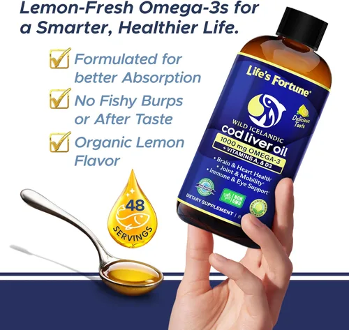 Miniatura 3 de Life's Fortune Aceite de hígado de bacalao líquido orgánico sabor a limón (8 onzas) 1000 mg de Omega + vitamina A, E y D3 – Apoya la salud