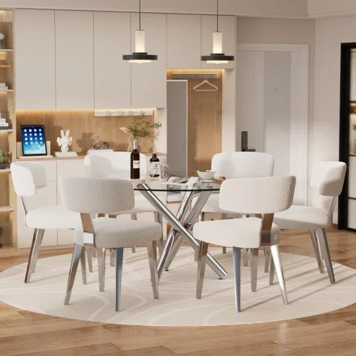 Miniatura 14 de Juego de mesa de comedor redonda para 2, mesa de cocina de 3 piezas y sillas Boucle para 2, juego de mesa de comedor redonda de 36 pulgadas con 2