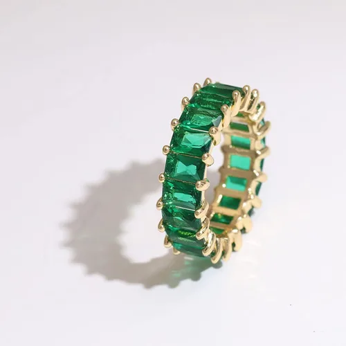 Miniatura 2 de Caiyao Anillo de boda con circonitas cúbicas cuadradas y pavimentadas de esmeralda verde, chapado en oro, joyería de baguette rectangular de corte