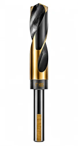 Broca HSS Silver y Deming de 1 pulgada de 1/2" con vástago plano reducido de 3 pulgadas, color dorado/negro oxidado 135 grados. Punta dividida