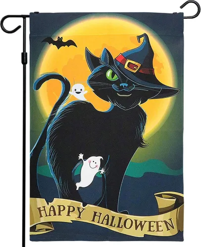 Miniatura 12 de G128 - Bandera de jardín de Halloween, cita de truco o trato con bonito búho, decoraciones de jardín y patio, bandera rústica de temporada para 12 x