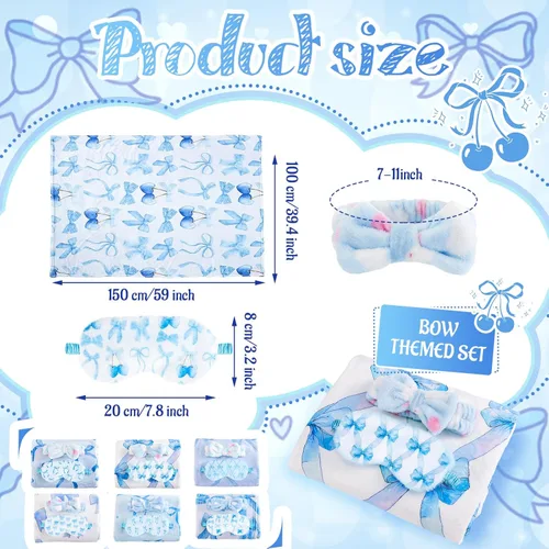 Miniatura 3 de Fanfanwin 18 piezas de suministros para fiesta de pijamadas para niñas, 6 mantas lindas con lazo azul de 1 estilo, 6 diademas de spa de vellón