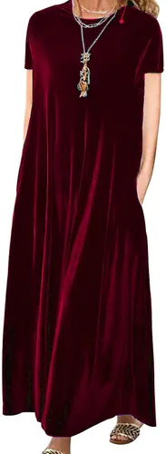 Miniatura 11 de Vestido de terciopelo para mujer, formal, casual, linda, cuello redondo, elegante, de manga corta, con bolsillo