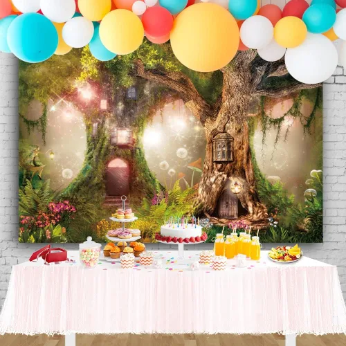 Miniatura 3 de Telón de fondo de bosque de hadas de 7 x 5 pies, bosque encantado, selva, fondo de fotografía para baby shower, niños, jardín mágico, cuento
